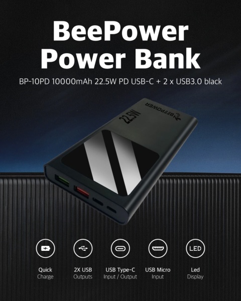 BeePower Power Bank - BP-10PD 10000mAh 22.5W PD USB-C + 2 x USB3.0 czarny