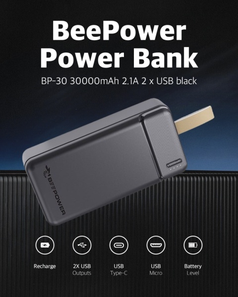 BeePower Power Bank - BP-30 30000mAh 2.1A 2 x USB czarny