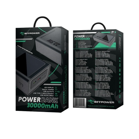 BeePower Power Bank - BP-30PD 30000mAh 22.5W PD USB-C + 2 x USB3.0 czarny