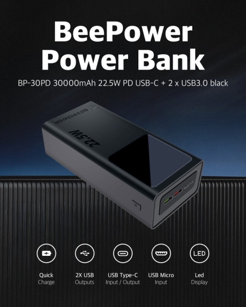 BeePower Power Bank - BP-30PD 30000mAh 22.5W PD USB-C + 2 x USB3.0 czarny