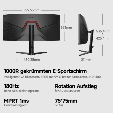 Monitor LED Koorui 34E6UC UWQHD 3440 x 1440, 180 Hz